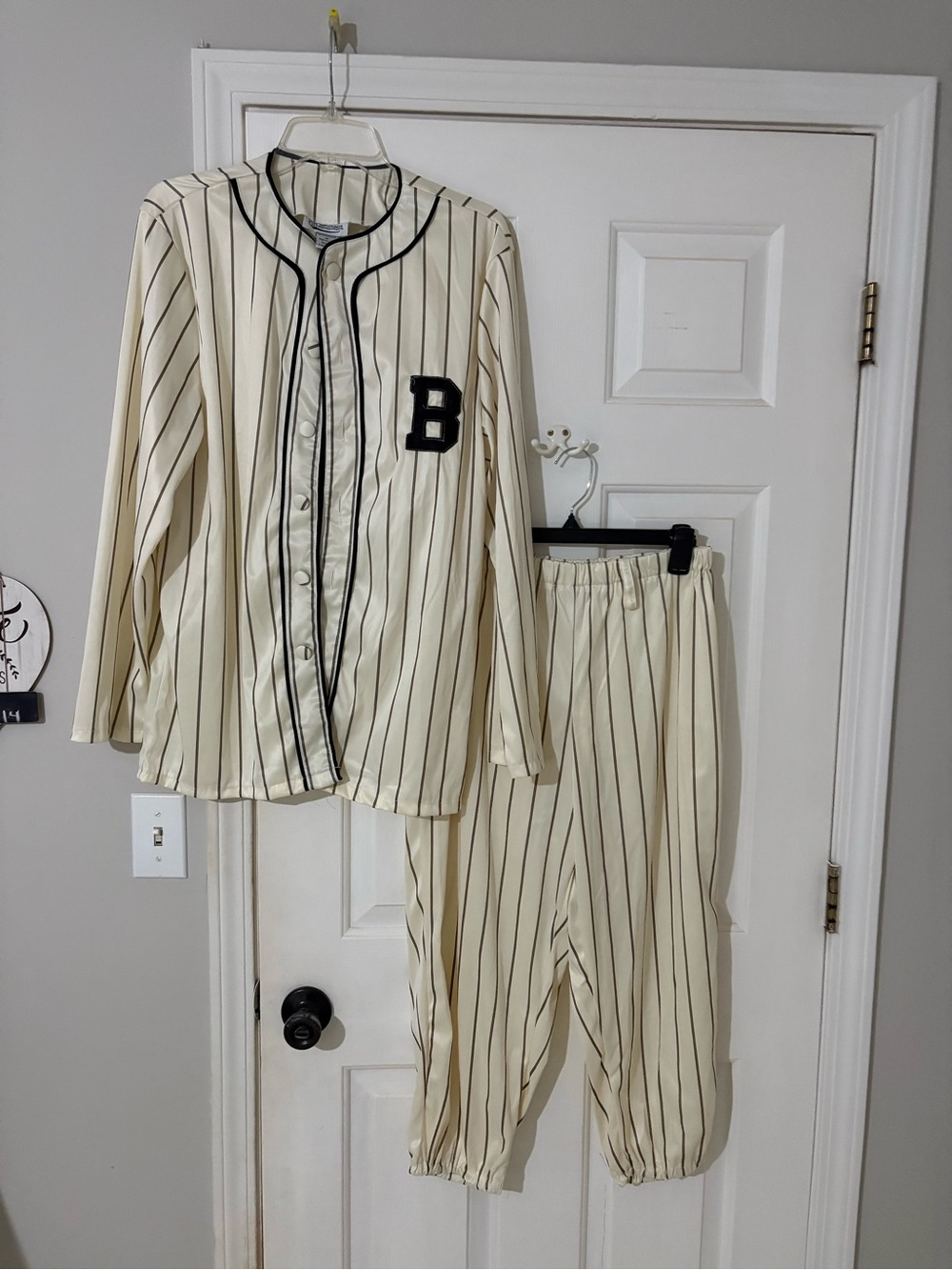 Women’s Vintage Baseball Costume Cream Striped Satin with black trim. Sz Med